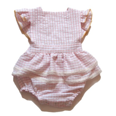 Pagliaccetto da bambina in percalle rosa con spalle arricciate - cotone organico