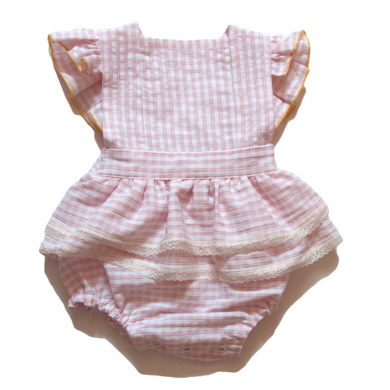 Pagliaccetto da bambina in percalle rosa con spalle arricciate - cotone organico
