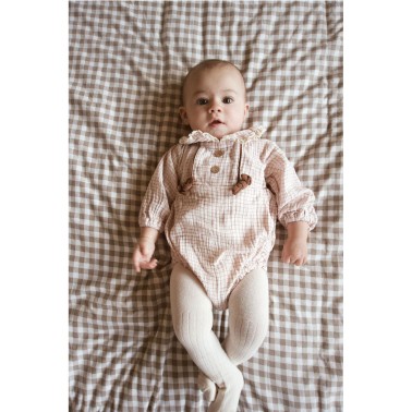 Pink romper with brown checks in organic cotton gauze