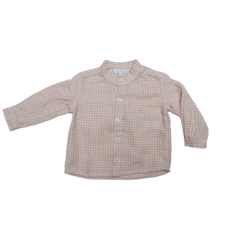 Cotton gauze shirt with small brown checks, stand-up collar and mother-of-pearl buttons